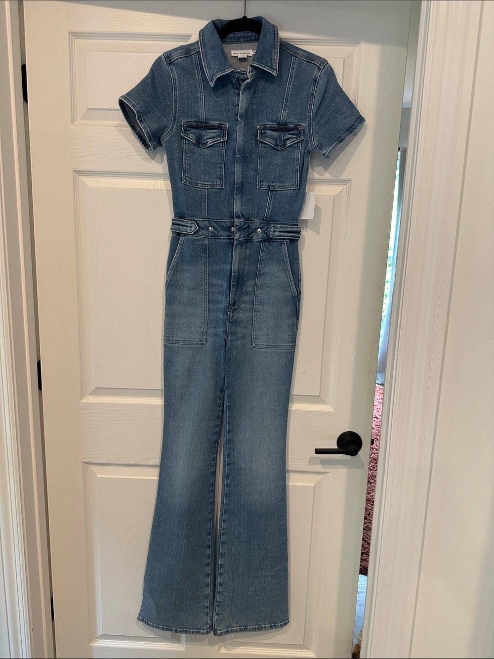 Good American Light Blue Denim Short-Sleeve Jumpsuit